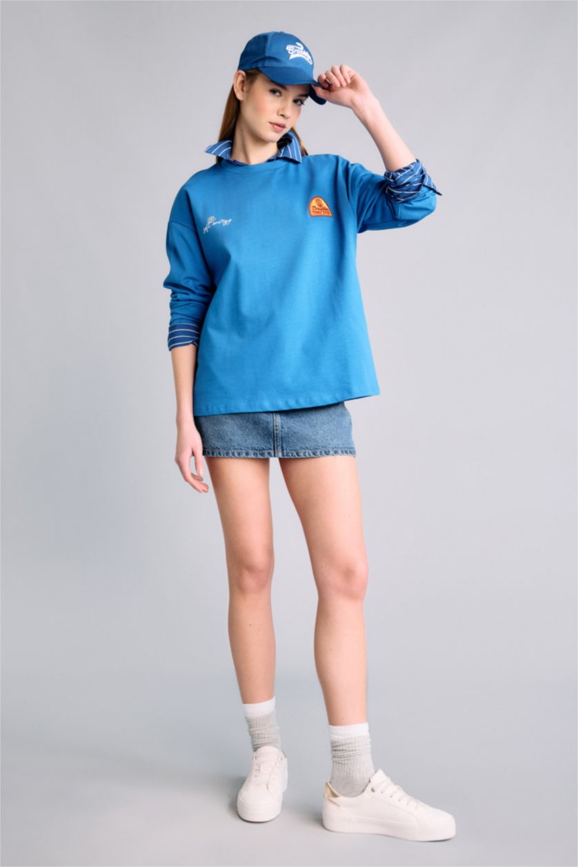 Kadın Saks Regular Fıt Bisiklet Yaka Uzun Kollu Tişört