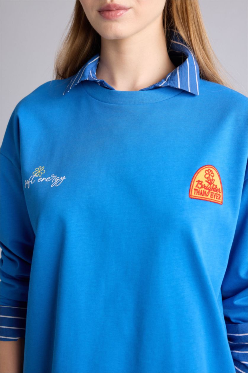 Kadın Saks Regular Fıt Bisiklet Yaka Uzun Kollu Tişört