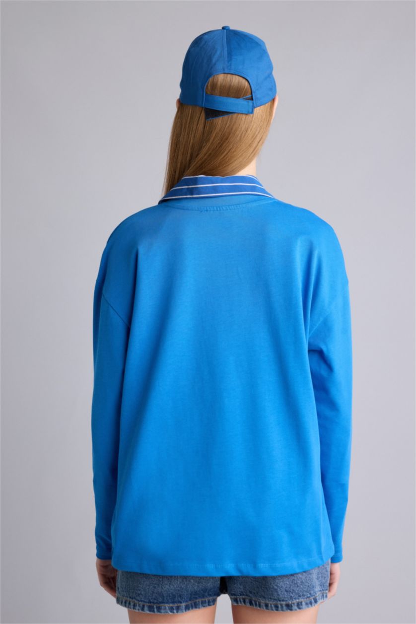 Kadın Saks Regular Fıt Bisiklet Yaka Uzun Kollu Tişört