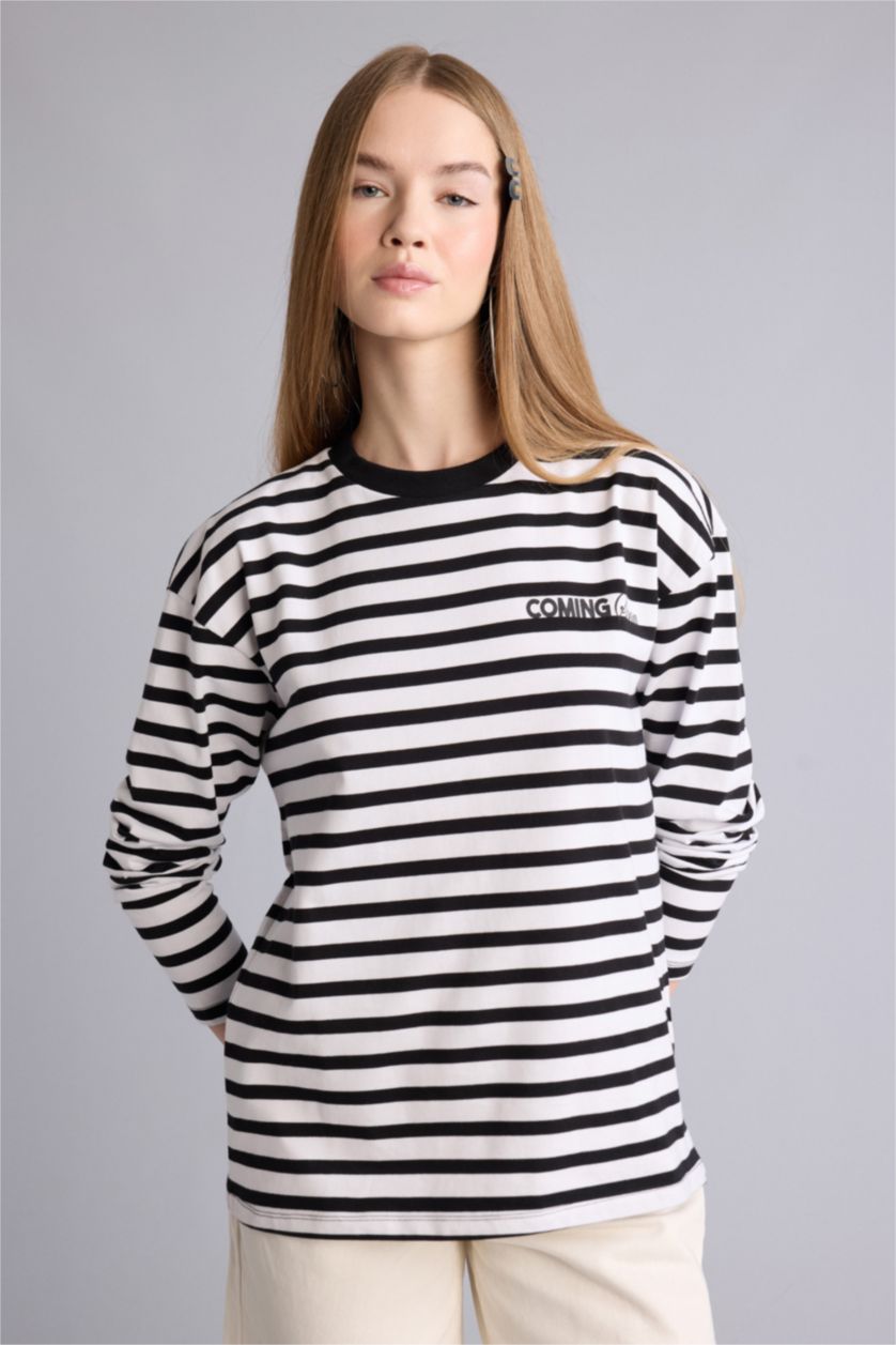 Kadın Siyah Regular Fıt Çizgili Tişört