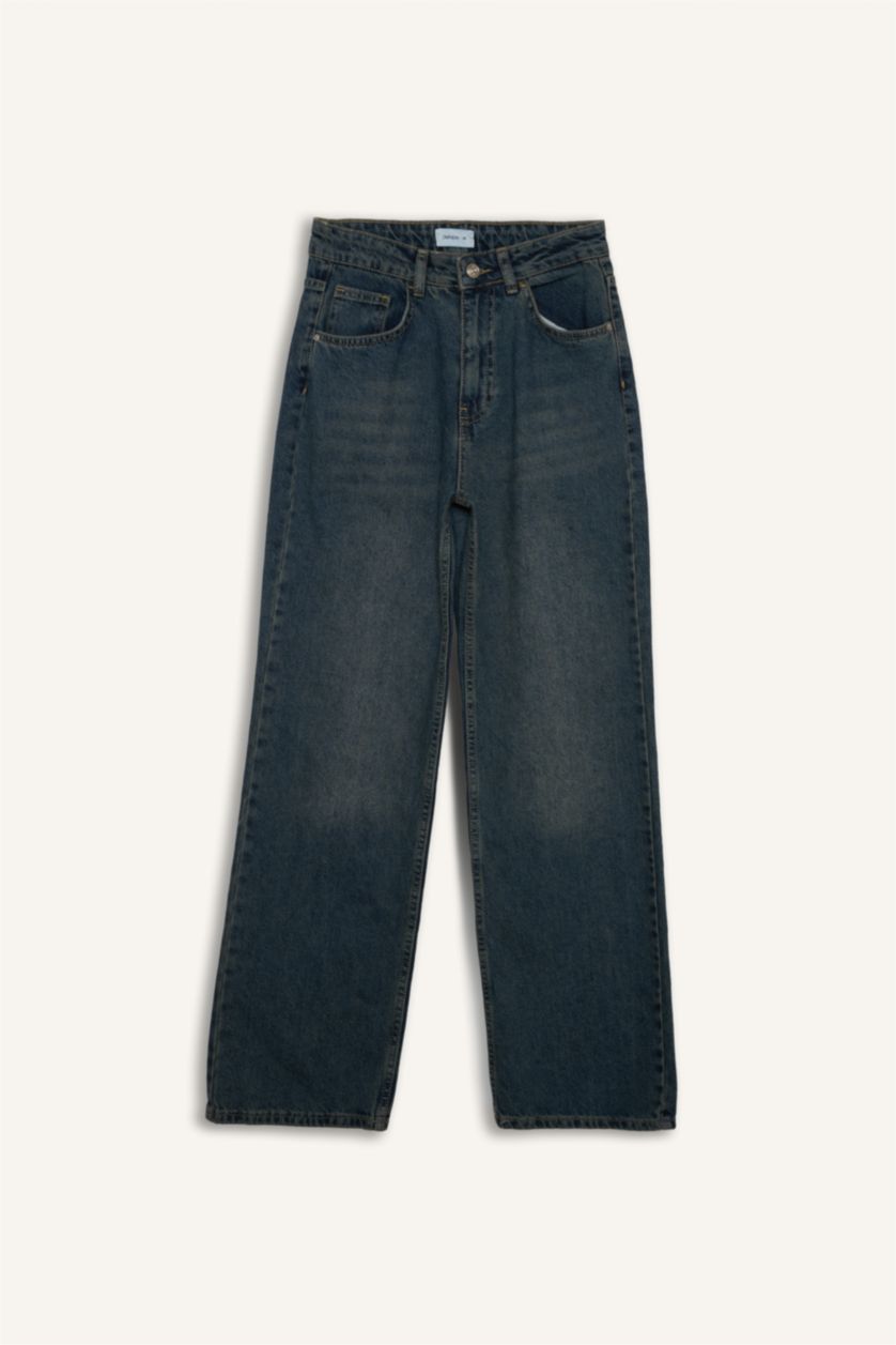 Kadın Mavi 90's Wıde Leg Yüksek Bel Uzun Jean Yıkamalı Pantolon