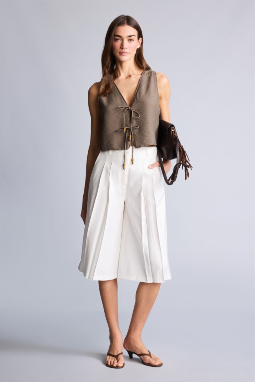 Kadın Ekru Normal Bel Düz Paça Tencel Şort