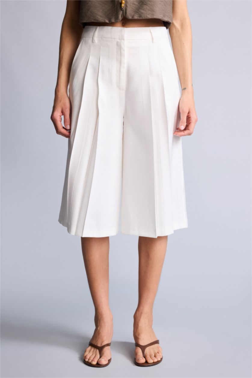 Kadın Ekru Normal Bel Düz Paça Tencel Şort