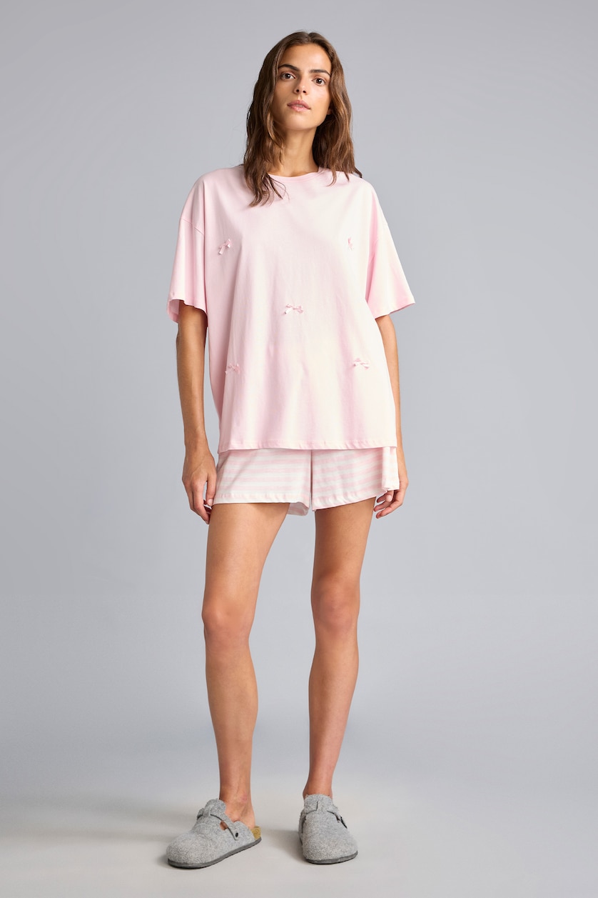 Kadın Açık Pembe Regular Fıt Kısa Kollu Üst Kısa Paça Şort Pijama Takımı