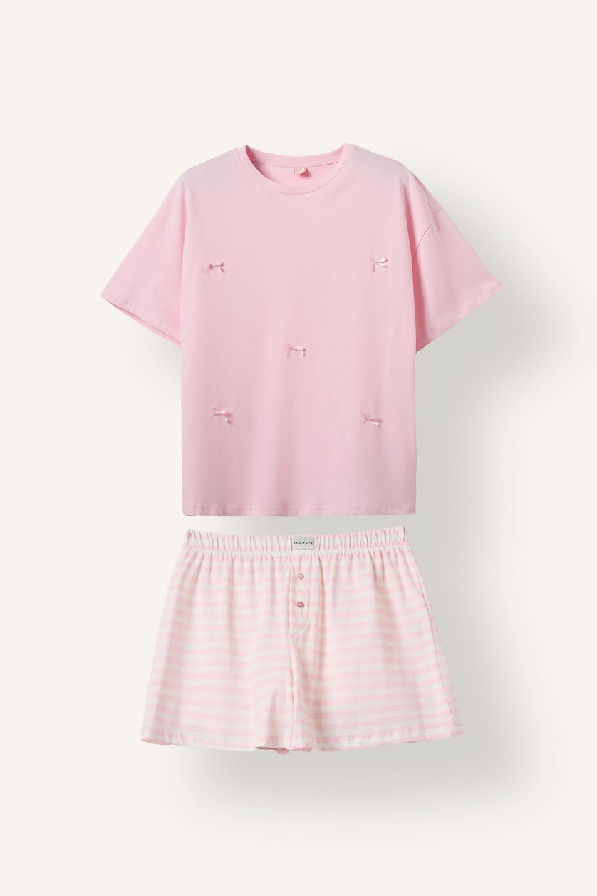 Kadın Açık Pembe Regular Fıt Kısa Kollu Üst Kısa Paça Şort Pijama Takımı