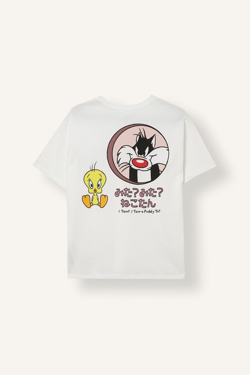 Kadın Kırık Beyaz %100 Pamuk Looney Tunes Oversıze Baskılı Kısa Kollu Tişört