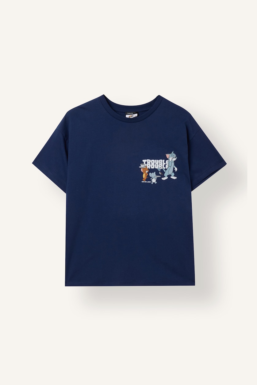 Kadın Lacivert %100 Pamuk Tom & Jerry Oversıze Kısa Kollu Tişört