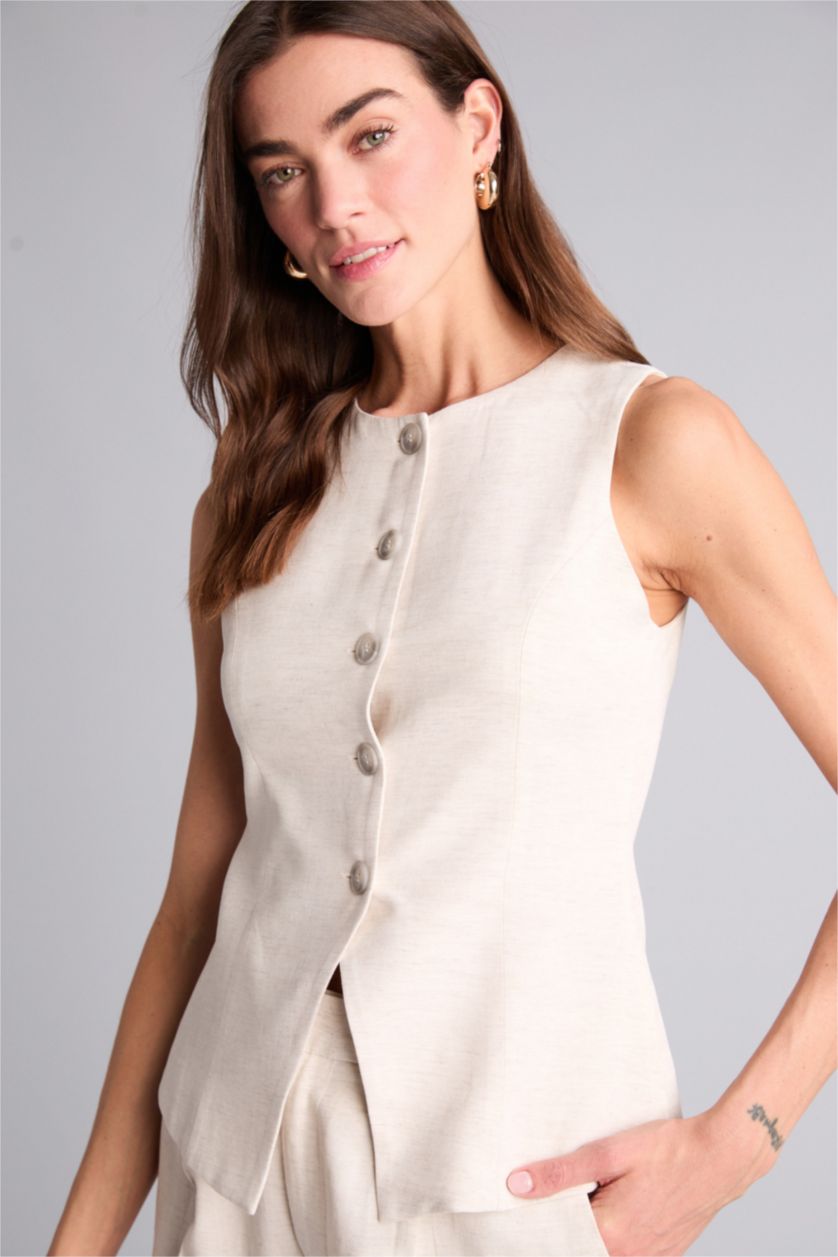 Kadın Sade Ekru Fıtted Keten Karışımlı Yelek