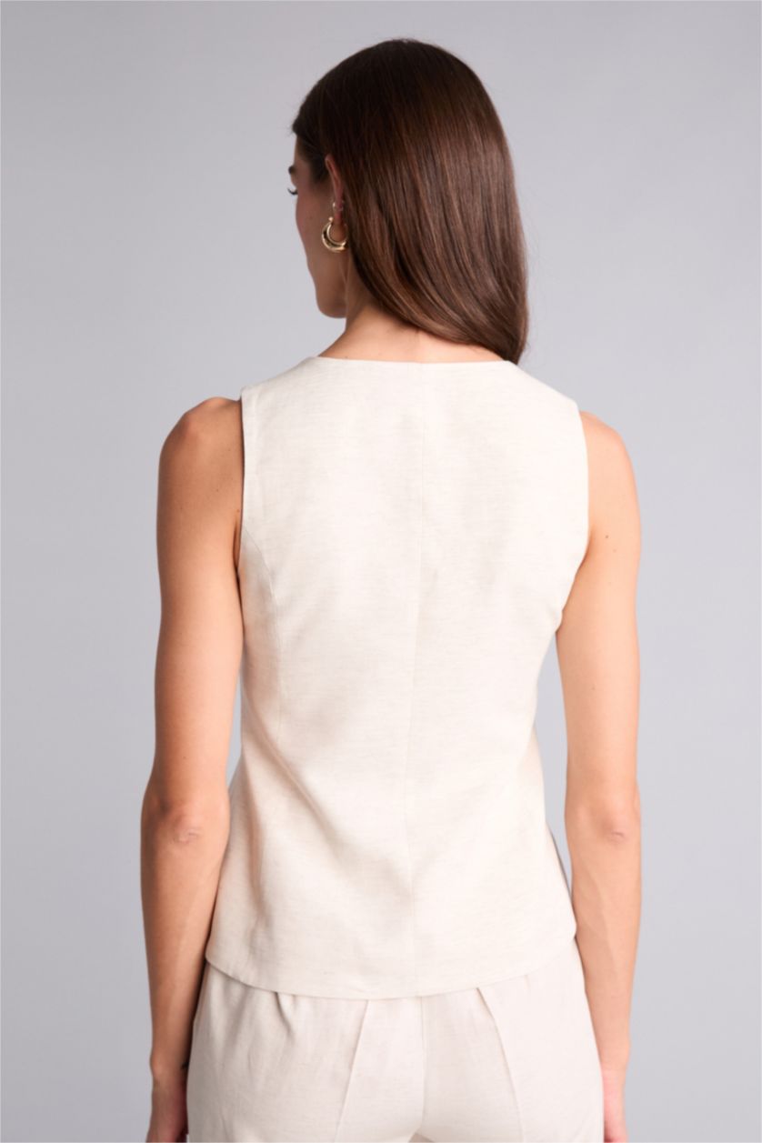 Kadın Sade Ekru Fıtted Keten Karışımlı Yelek