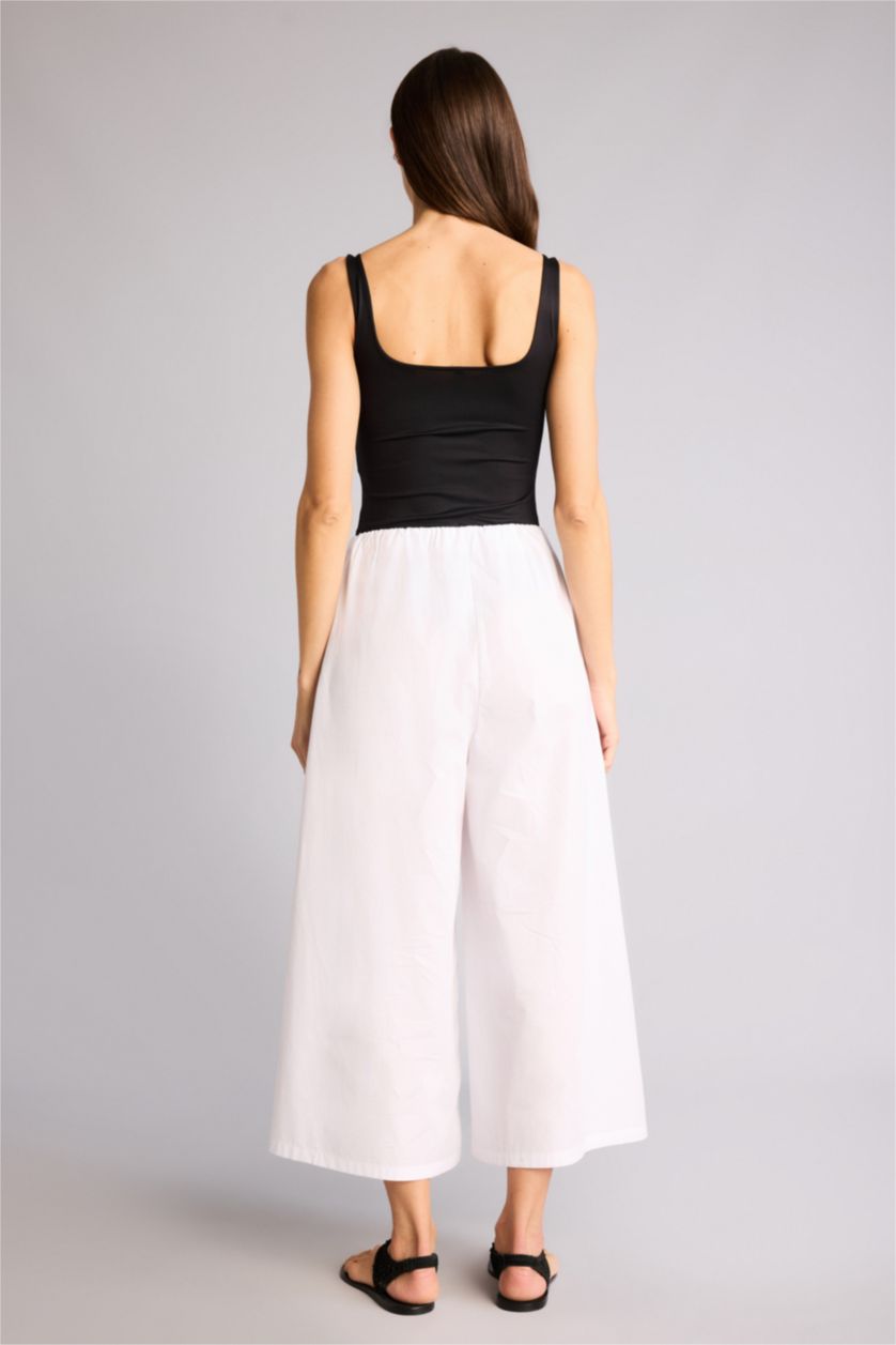 نساء أبيض بنطرون بوبلين وايد ليج برجل عادي