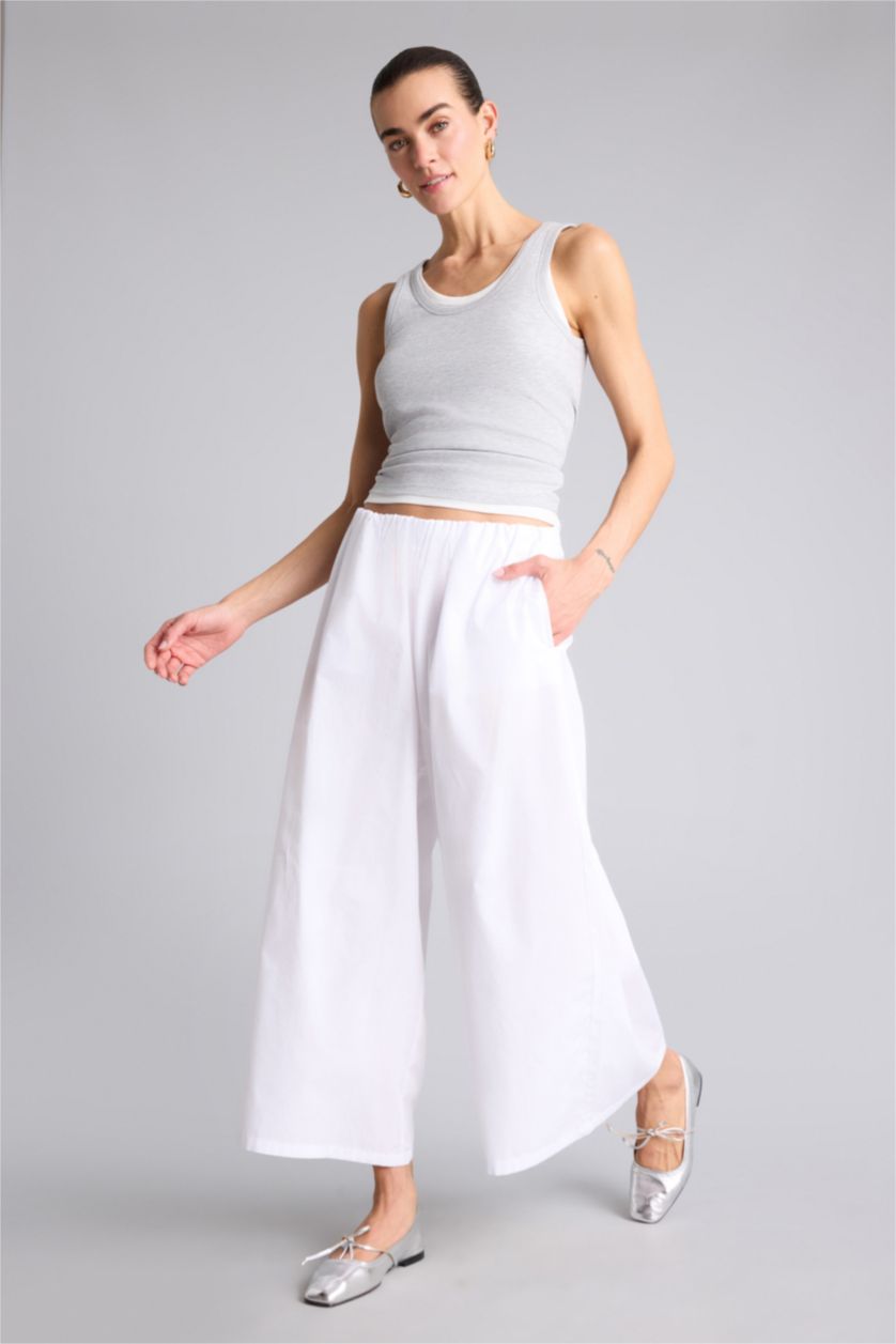 Kadın Kırık Beyaz Wıde Leg Normal Bel Düz Paça Poplin Pantolon