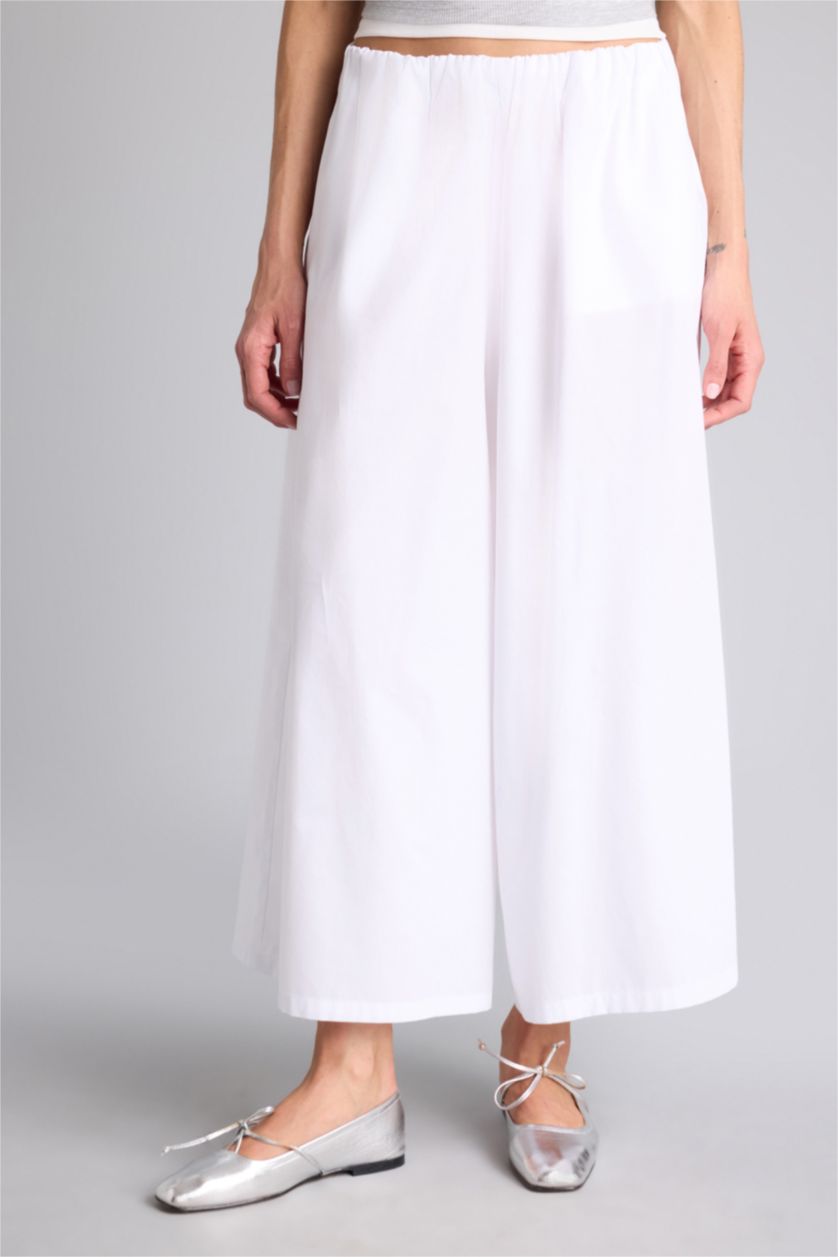 Kadın Kırık Beyaz Wıde Leg Normal Bel Düz Paça Poplin Pantolon
