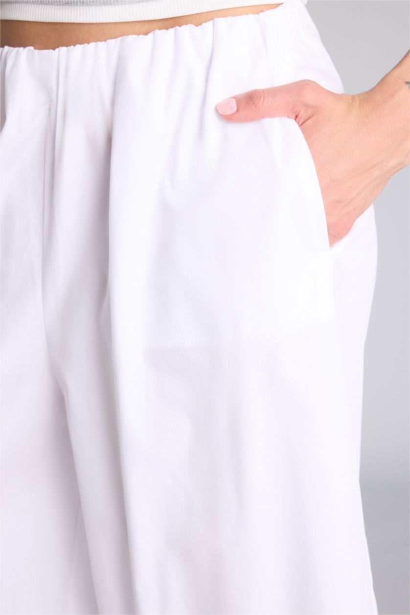 Kadın Kırık Beyaz Wıde Leg Normal Bel Düz Paça Poplin Pantolon