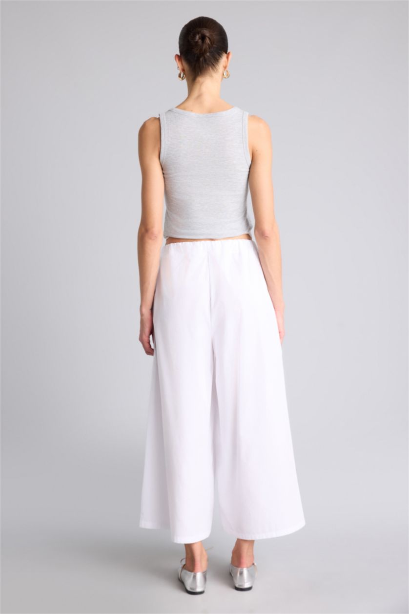 Kadın Kırık Beyaz Wıde Leg Normal Bel Düz Paça Poplin Pantolon