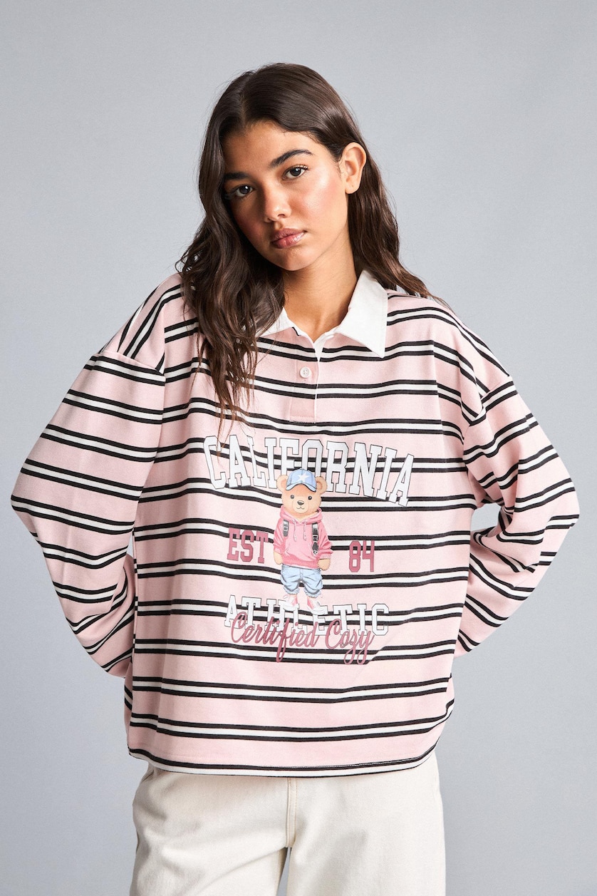 Kadın Koyu Pembe Overshırt Fıt Yarım Fermuarlı Baskılı Sweatshirt