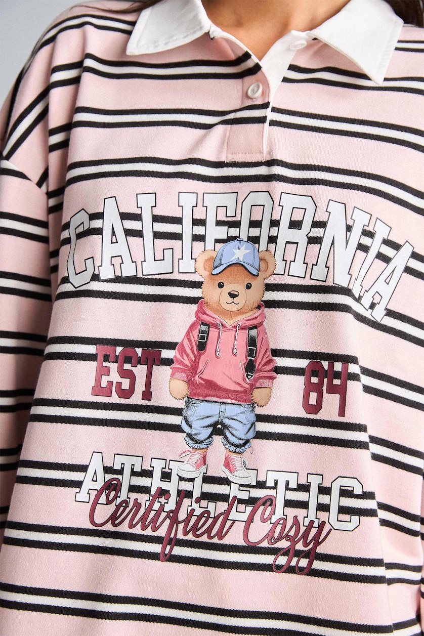 Kadın Koyu Pembe Overshırt Fıt Yarım Fermuarlı Baskılı Sweatshirt