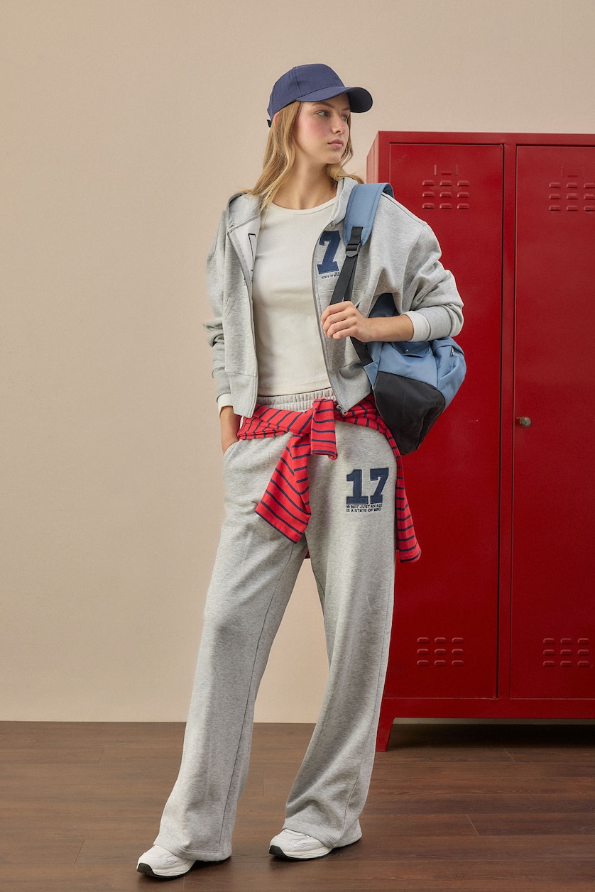 Women Light Grey Melange Wide Leg Thick Fabric Trousers