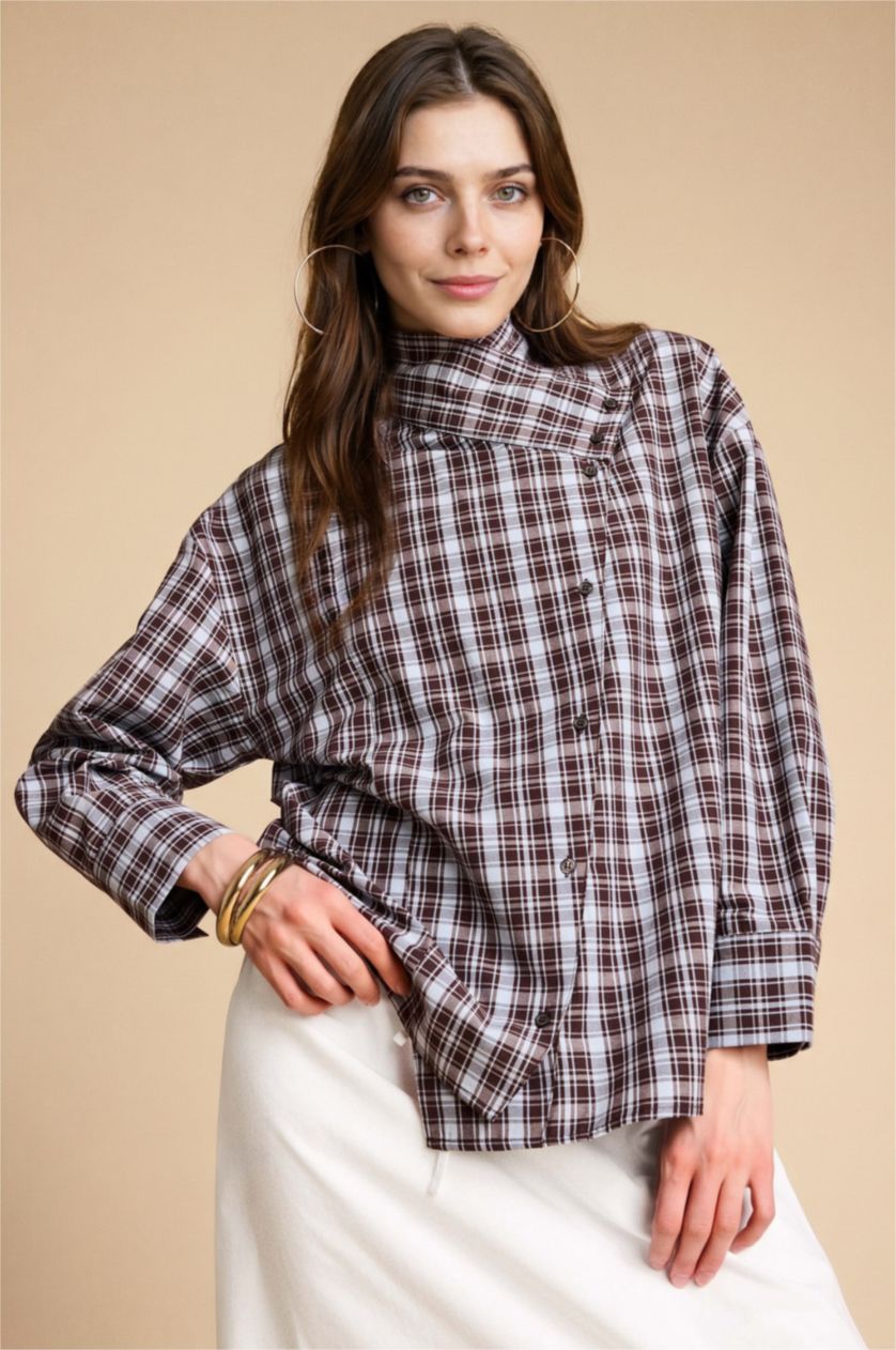 Kadın Kahve Regular Fit Uzun kollu Poplin Tunik