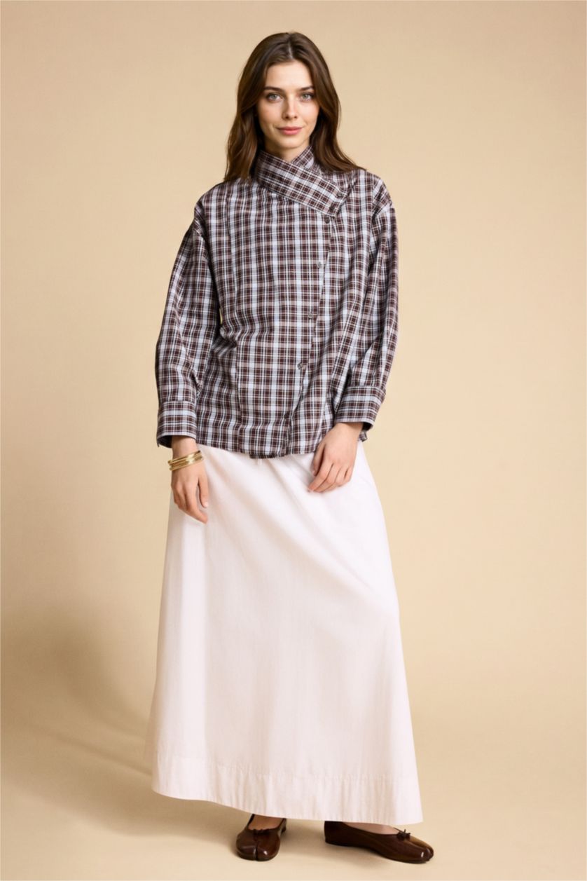 Kadın Kahve Regular Fit Uzun kollu Poplin Tunik