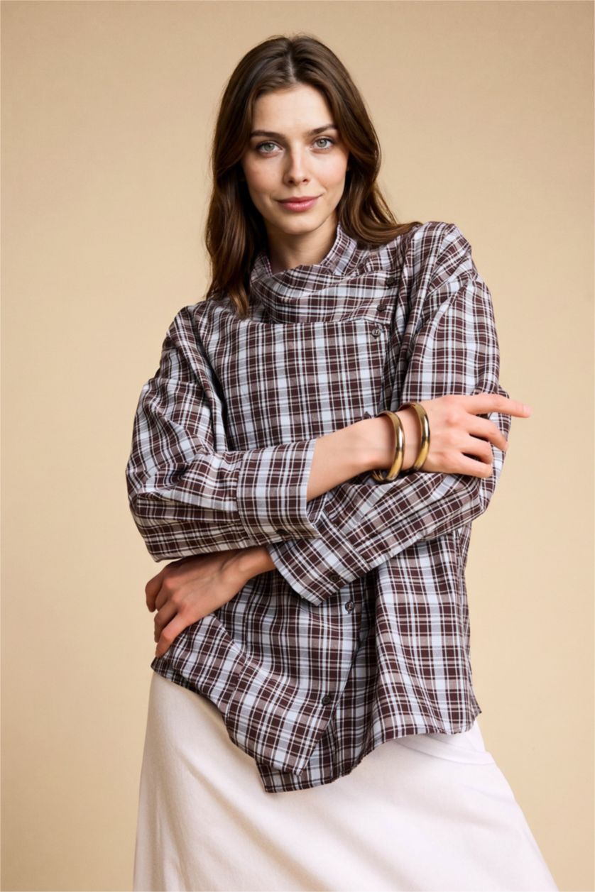 Kadın Kahve Regular Fit Uzun kollu Poplin Tunik