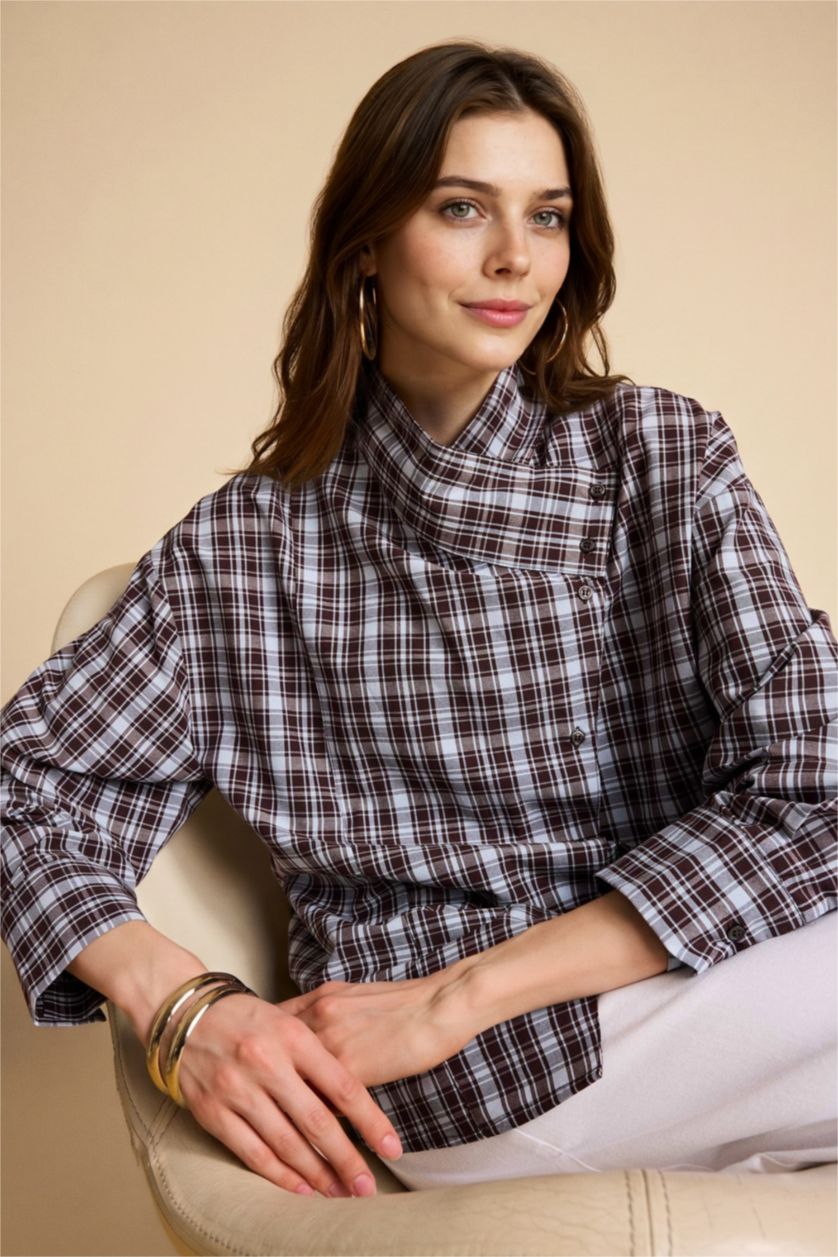 Kadın Kahve Regular Fit Uzun kollu Poplin Tunik