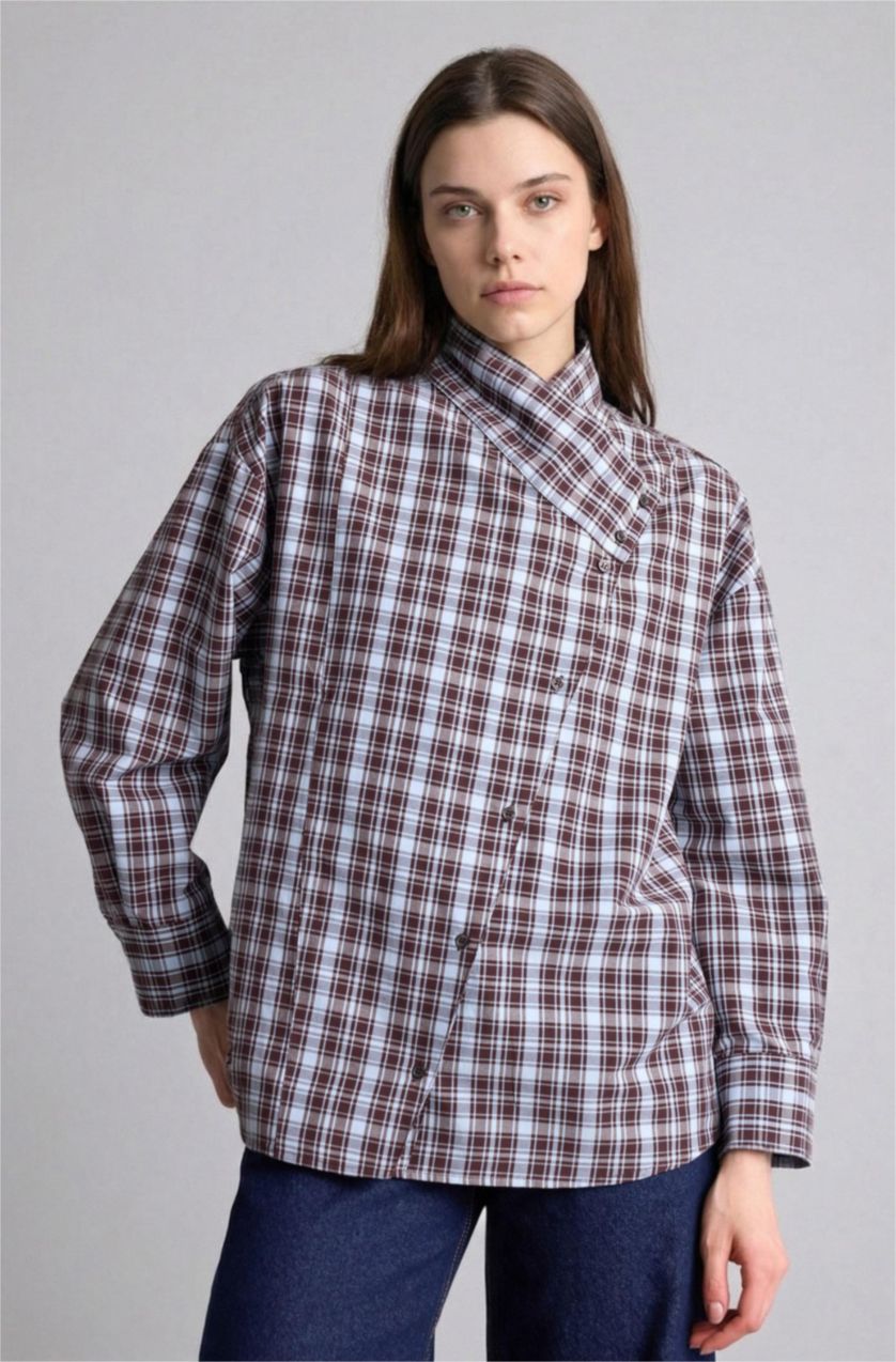 Kadın Kahve Regular Fit Uzun kollu Poplin Tunik