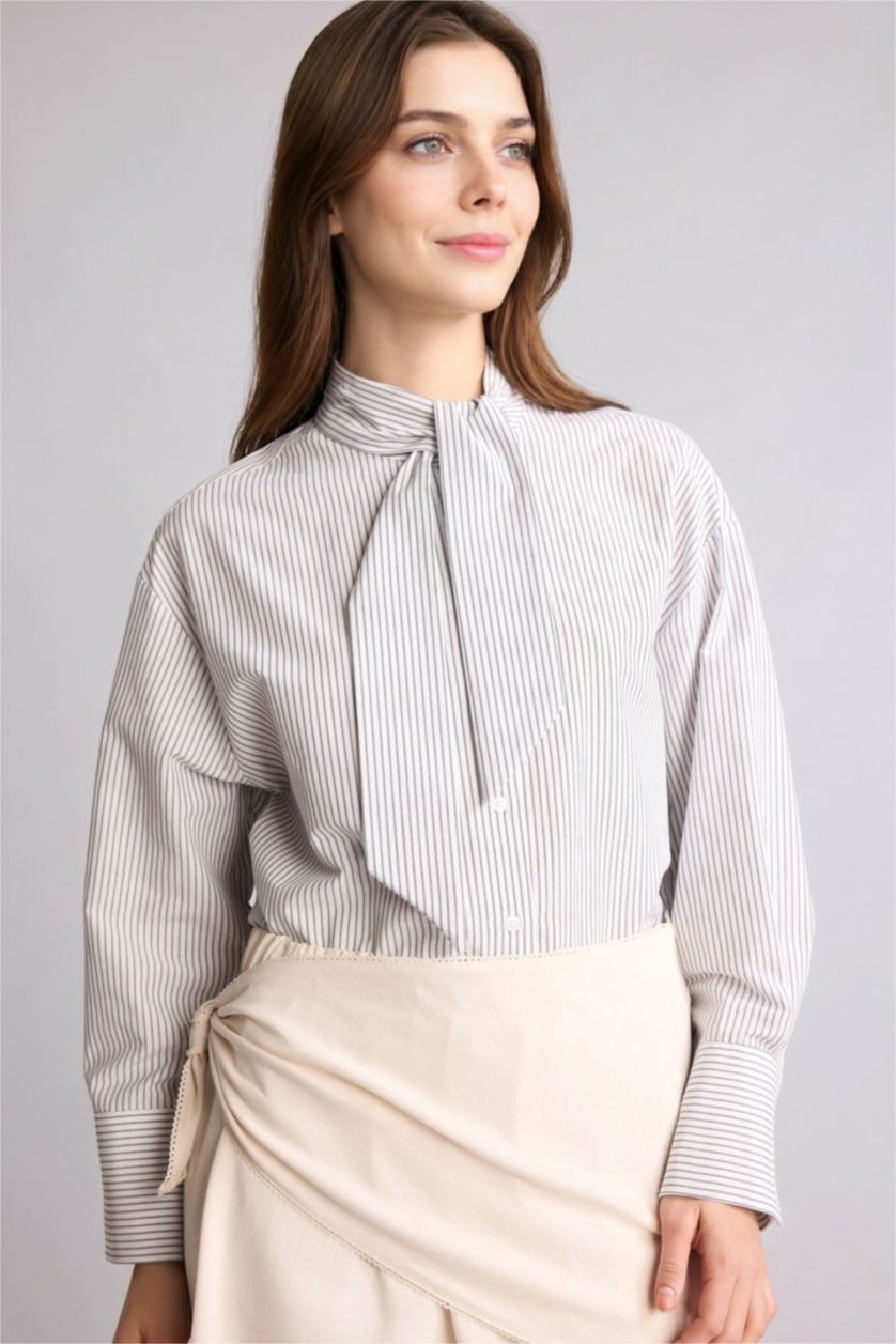 Kadın Kırık Beyaz Relax Fıt Çizgili Poplin Tunik