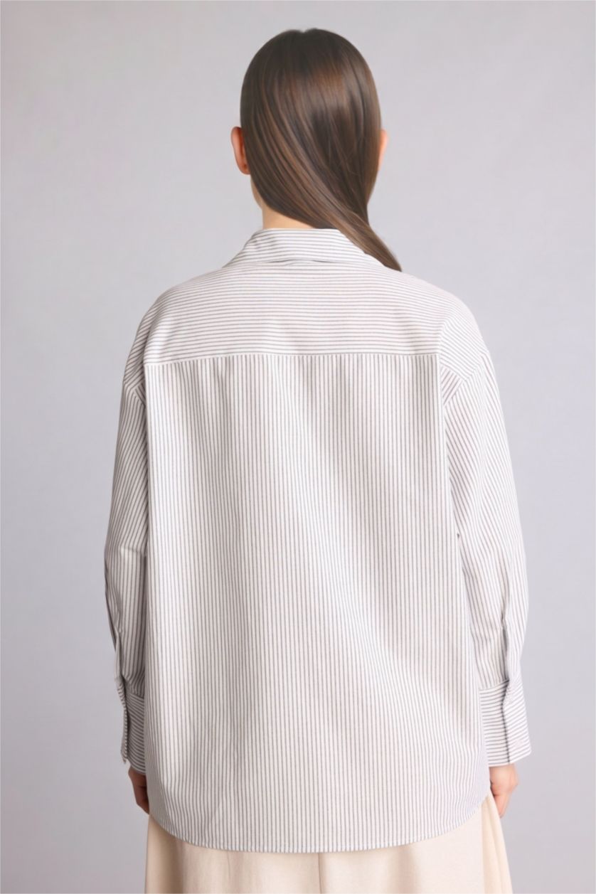 Kadın Kırık Beyaz Relax Fıt Çizgili Poplin Tunik