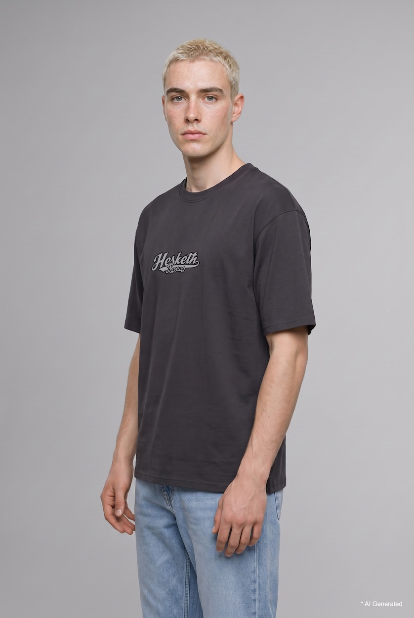MAN Anthracite Boxy Fit 100% Cotton Hesketh Racing Text Print Crew Neck Short Sleeve T-Shirt