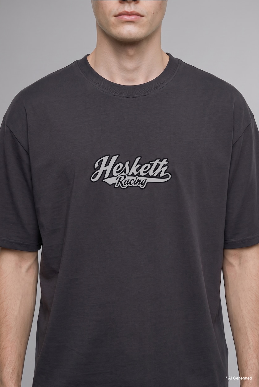 MAN Anthracite Boxy Fit 100% Cotton Hesketh Racing Text Print Crew Neck Short Sleeve T-Shirt