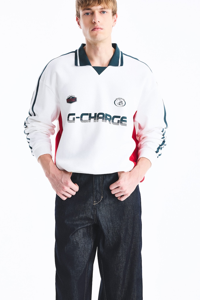 MAN Ecru Boxy Fit Printed Long Sleeve Polo Collar Sweatshirt