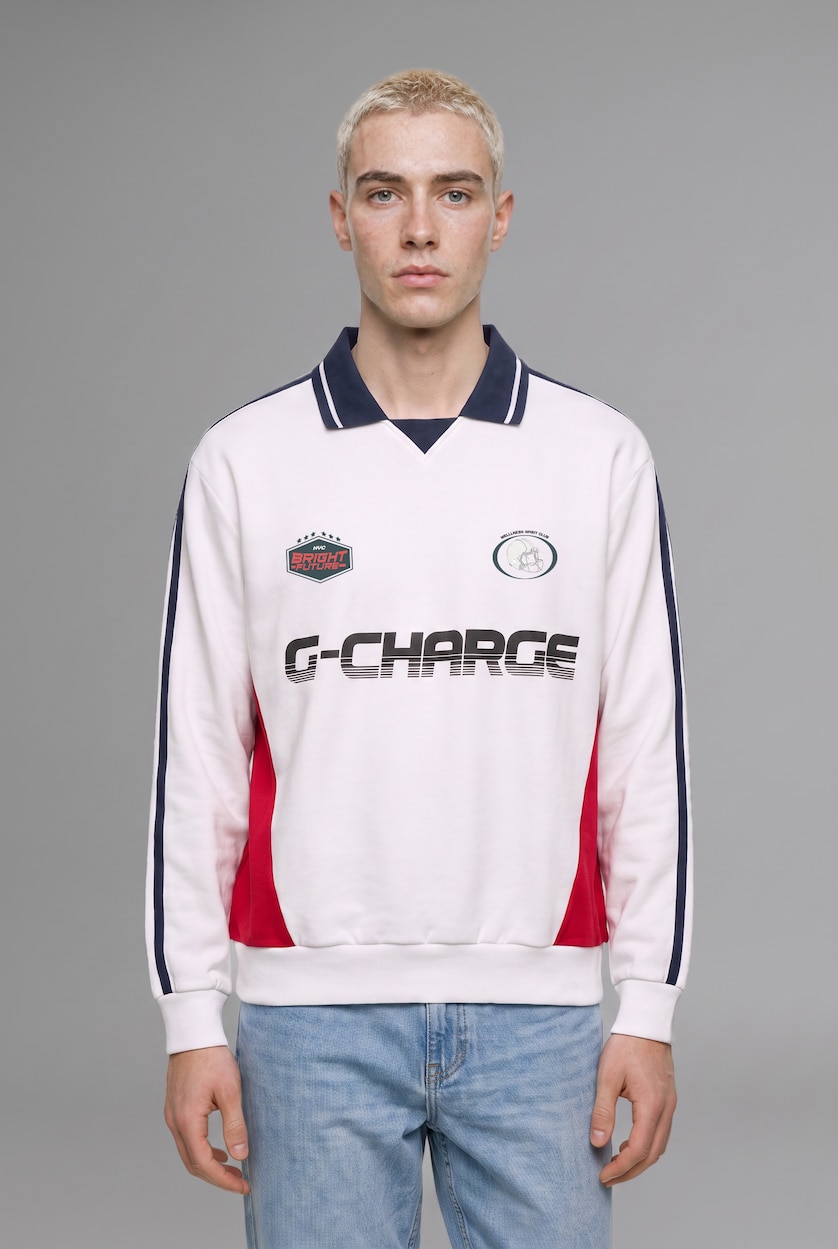 MAN Ecru Boxy Fit Printed Long Sleeve Polo Collar Sweatshirt