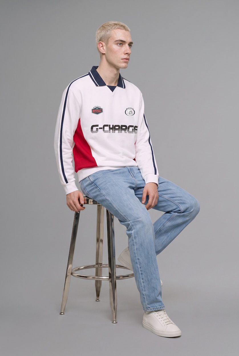 MAN Ecru Boxy Fit Printed Long Sleeve Polo Collar Sweatshirt