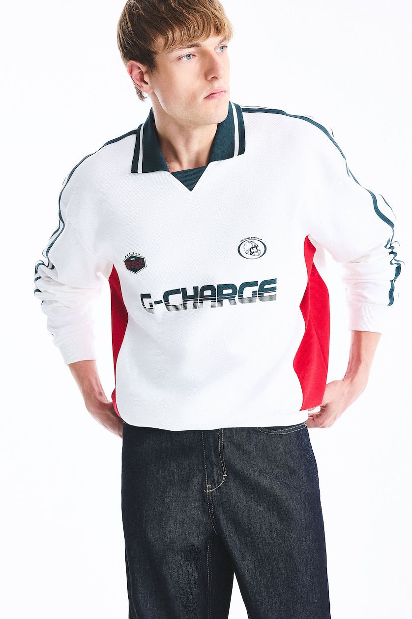MAN Ecru Boxy Fit Printed Long Sleeve Polo Collar Sweatshirt