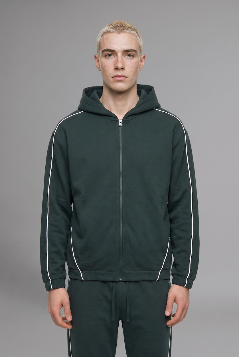 MAN Dark Green Boxy Fit Piping Detail Basic Hoodie