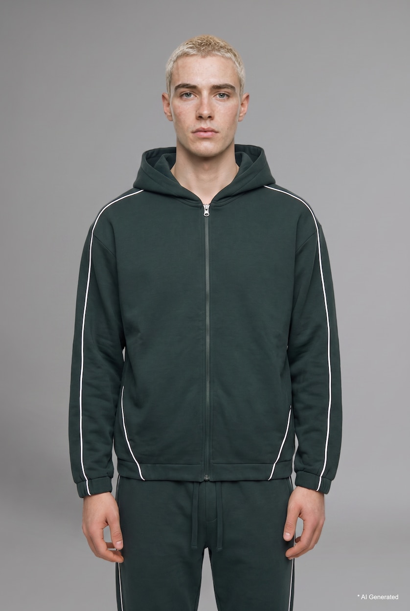 Men Dark Green Boxy Fit Basic Zip-Up Hoodie