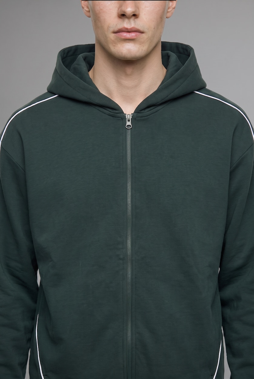 MAN Dark Green Boxy Fit Piping Detail Basic Hoodie