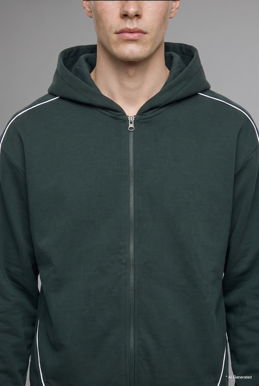 Men Dark Green Boxy Fit Basic Zip-Up Hoodie
