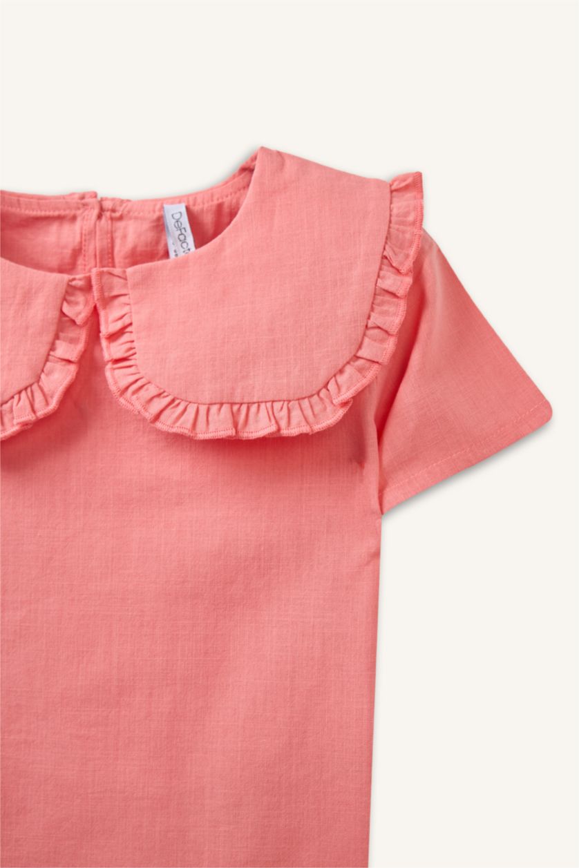 Kız Bebek Pembe Büyük Yaka Keten Karışımlı Kısa Kollu Gömlek Kız Bebek