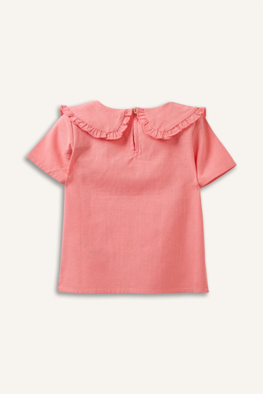 Kız Bebek Pembe Büyük Yaka Keten Karışımlı Kısa Kollu Gömlek Kız Bebek