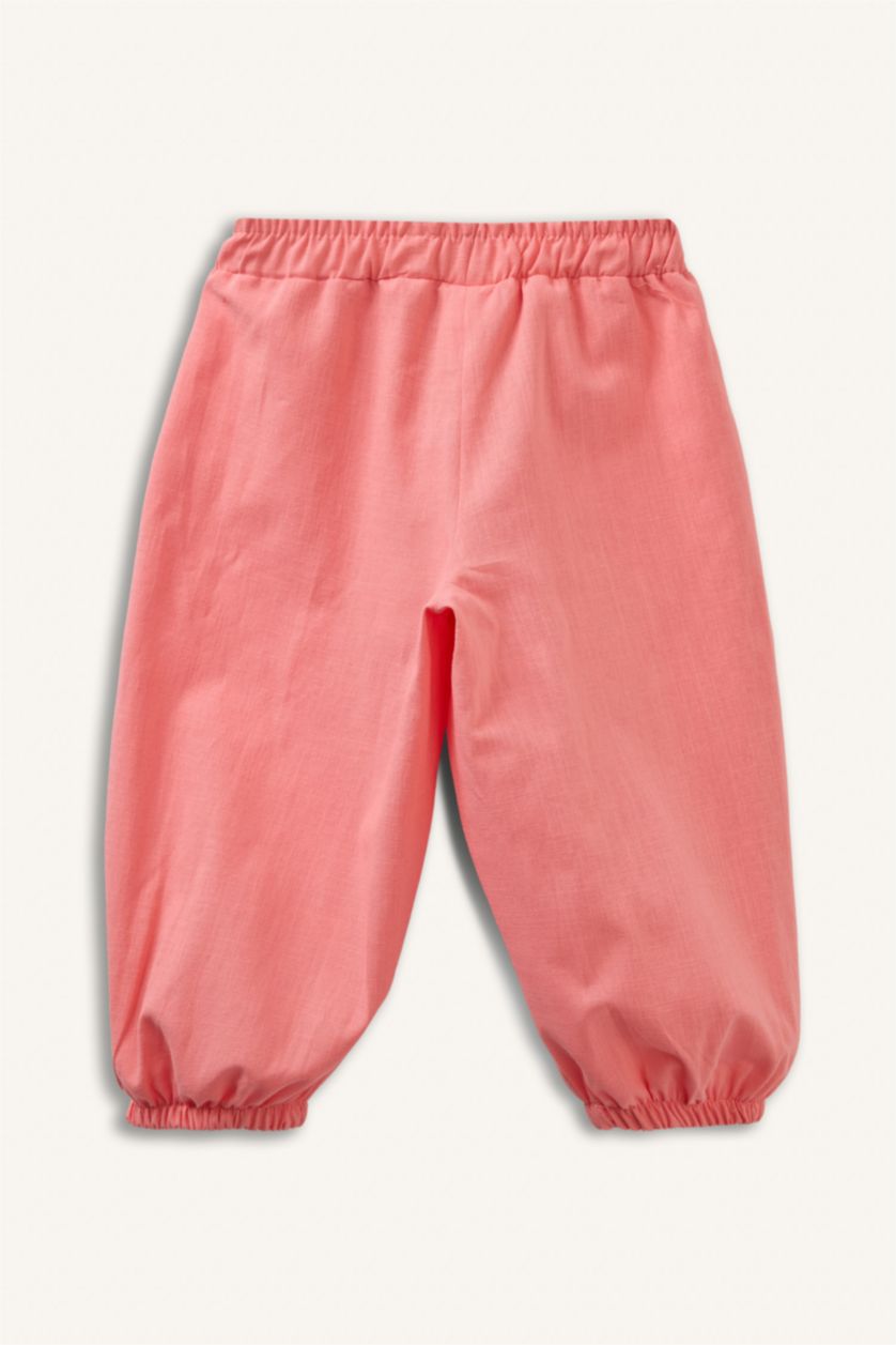 Kız Bebek Pembe Balloon Fıt Esnek Bantlı Paça Keten Karışımlı Pantolon Kız Bebek