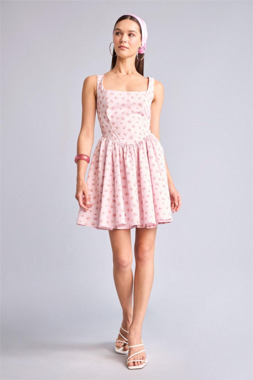 Woman Pink Square Collar Floral Poplin Mini Dress