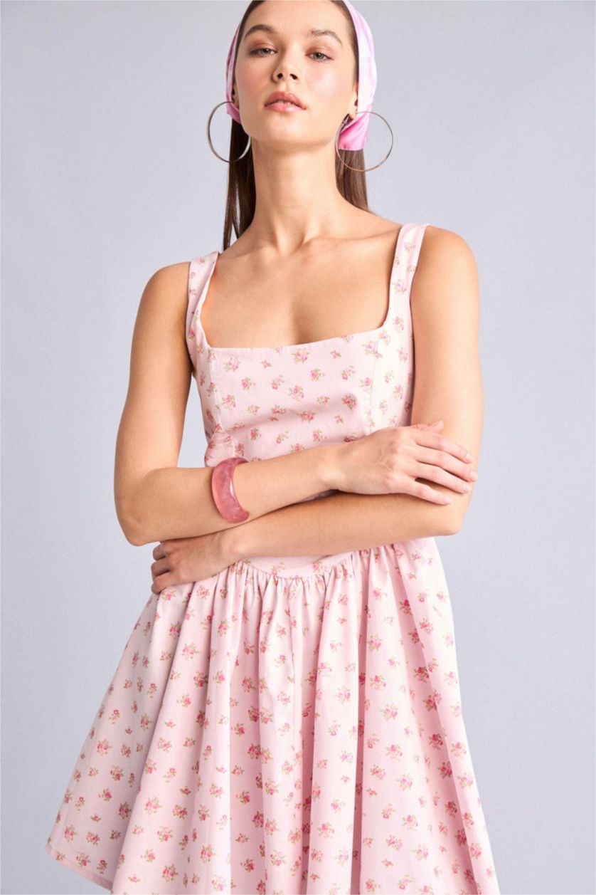Woman Pink Square Collar Floral Poplin Mini Dress