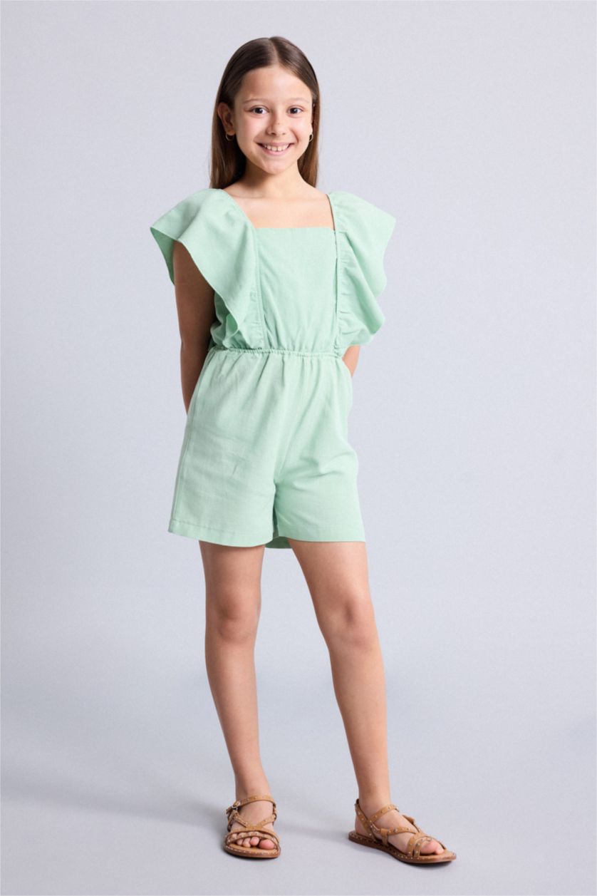 Young Girls - Teen Girls Parlak Yeşiil Linen Look Sleeveless Jumpsuit