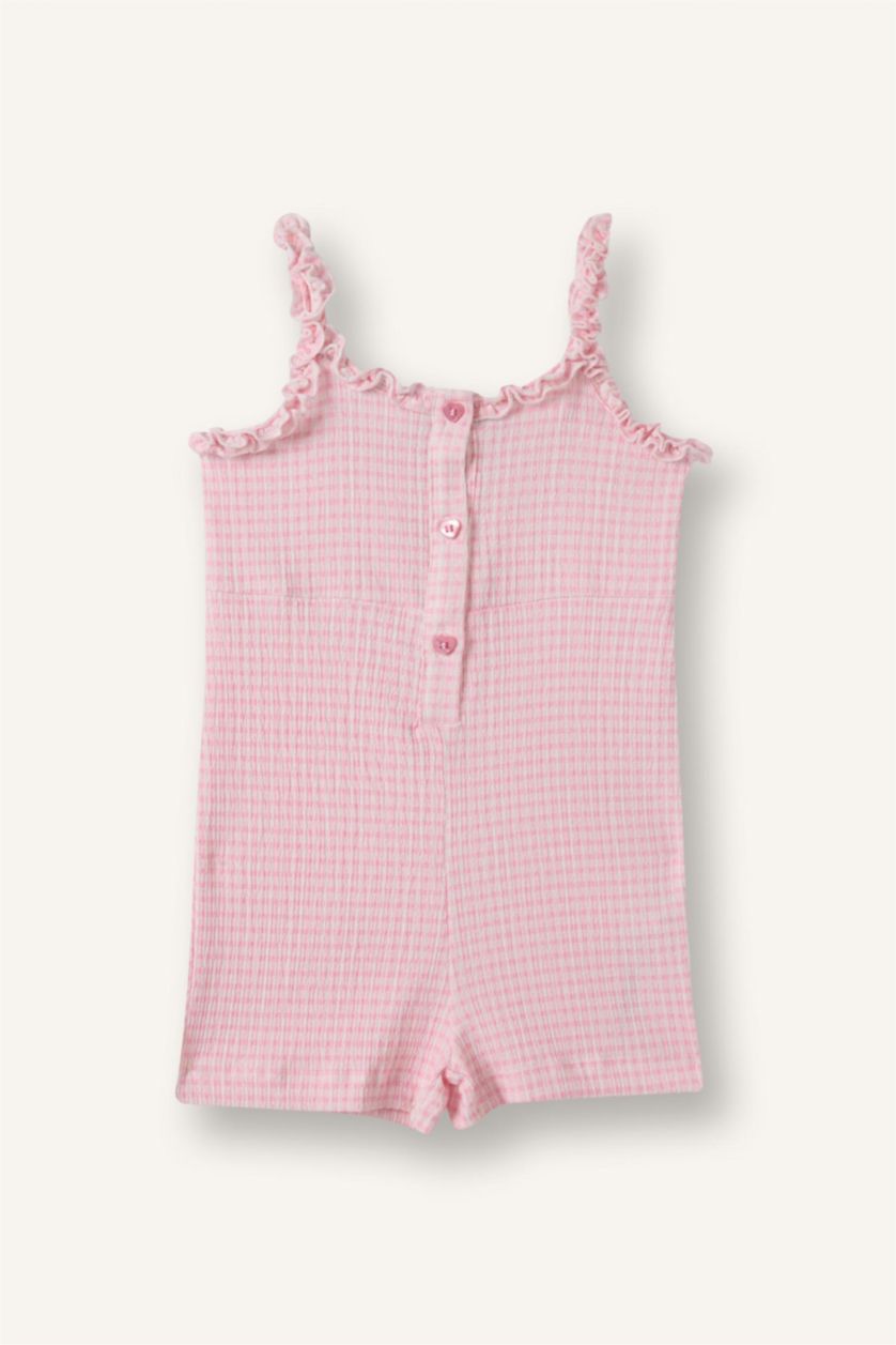 BABY GIRL Pink جمبسوت بيبي بناتي بحمالات قماش مجعد