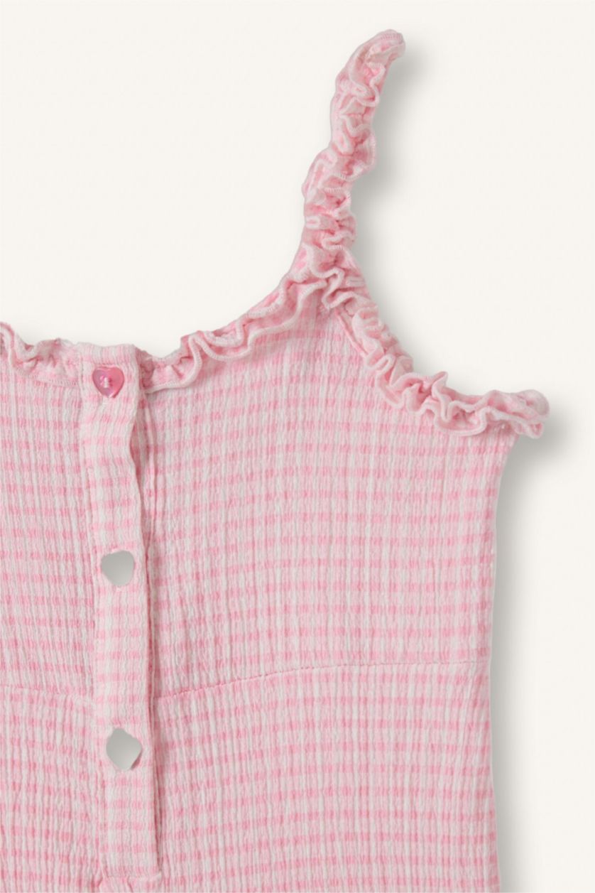 BABY GIRL Pink جمبسوت بيبي بناتي بحمالات قماش مجعد