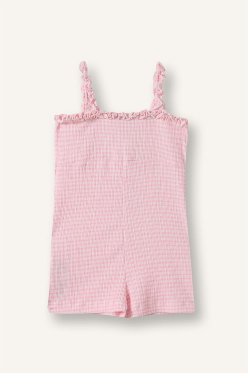 BABY GIRL Pink جمبسوت بيبي بناتي بحمالات قماش مجعد