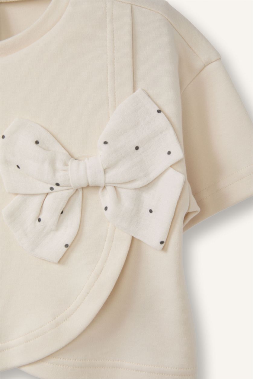 Kız Bebek Ekru Ribana Kurdela Detaylı Tişört Kız Bebek