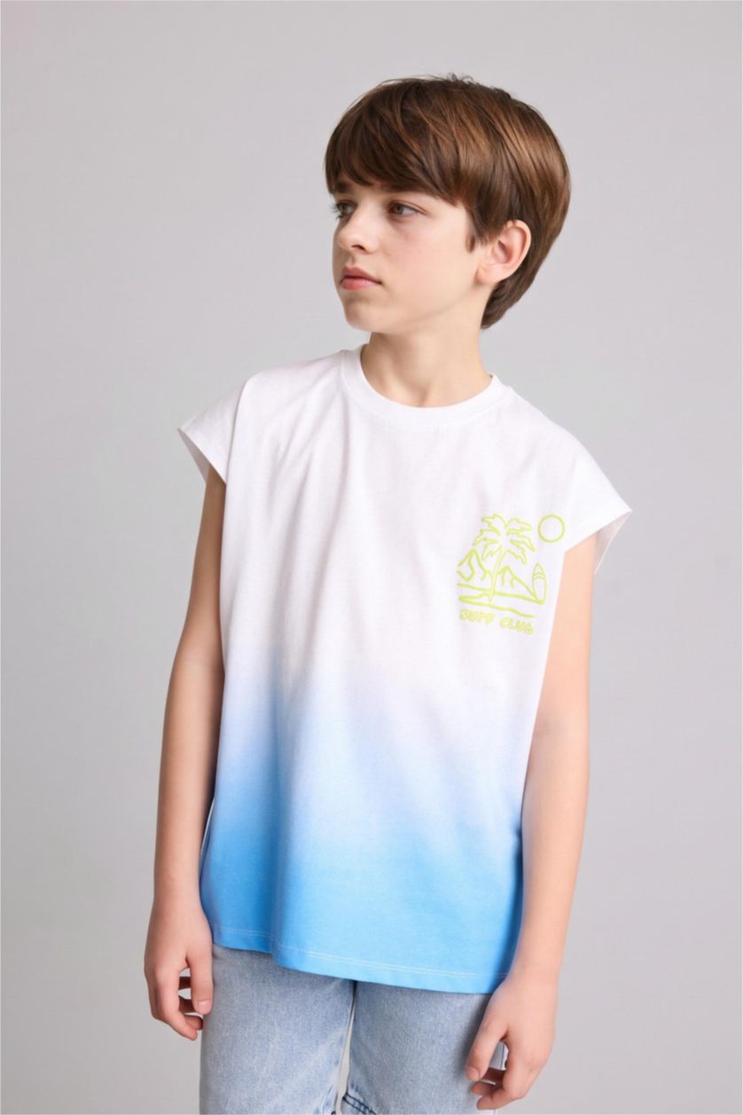 GARÇONS Bleu T-shirt imprimé palmier à col rond et manches courtes pour garçon
