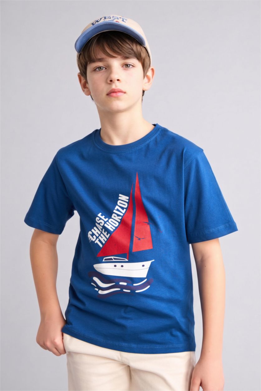 Erkek Çocuk - Genç Erkek Koyu Mavi New Regular Fit Kısa kollu Baskılı Tişört Erkek Çocuk